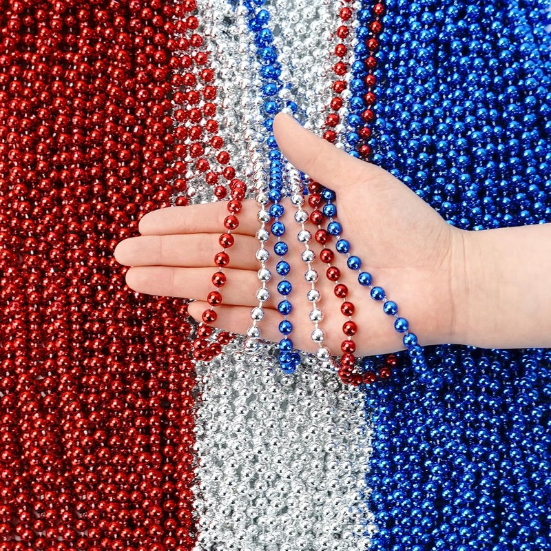 ZZYFGH 12 Pcs 4th of July Beaded Necklace 33'' 7mm Metallic Red/Silver/Blue Bead Necklace Bulk, Mardi Gras Round Beaded Necklaces for July 4th Party Favors Costume Necklace (12 Pcs) - Image 3